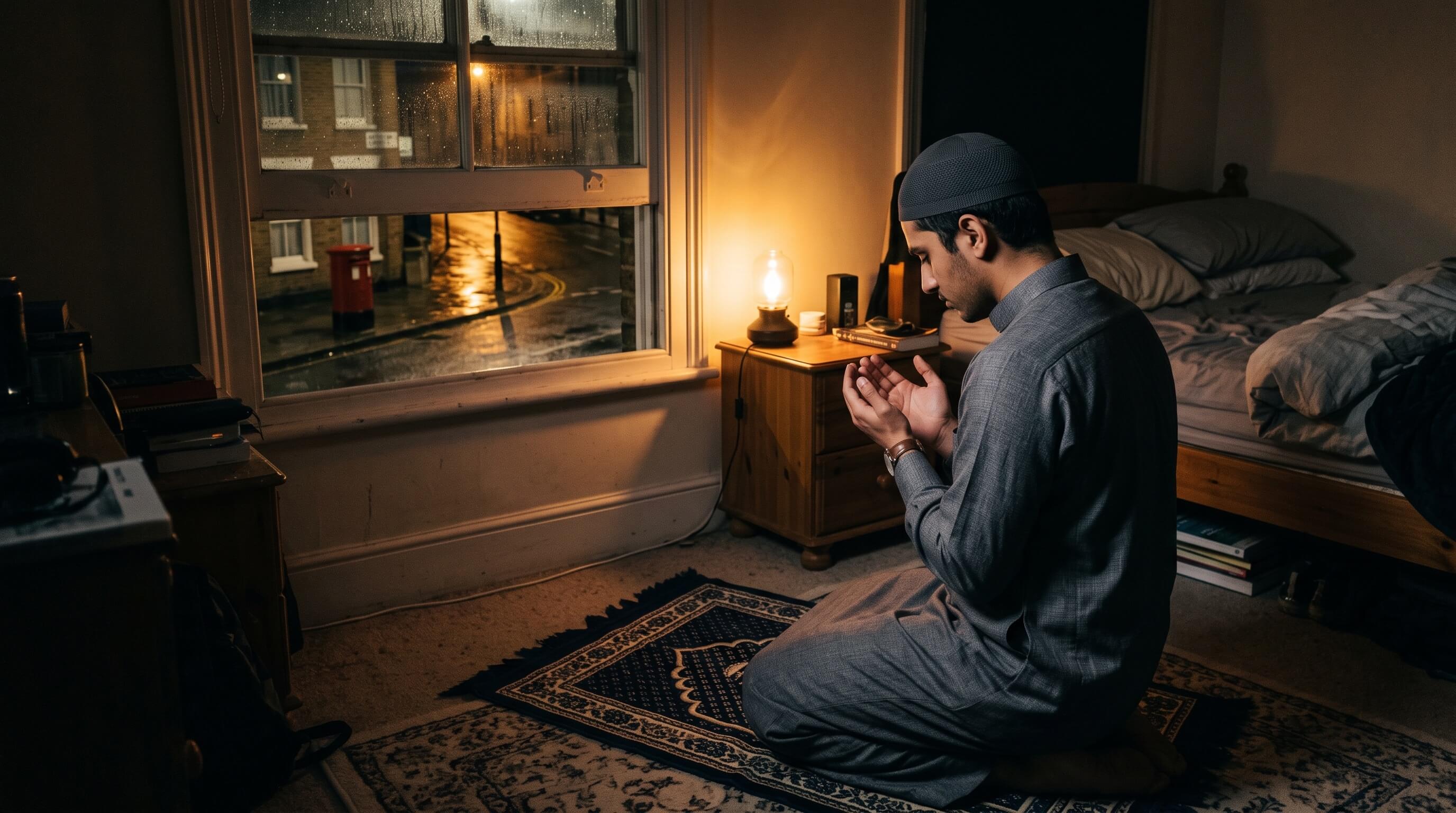 A young Muslim man praying on a prayer mat in a quiet room at night, lit by a warm lamp